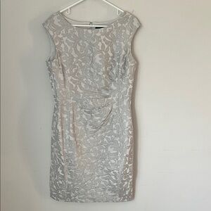 Lauren Ralph Lauren floral silver sleeveless sheath dress ruching, sz 12 #